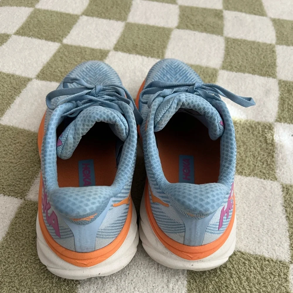 Hoka Clifton 9 Light Blue and Orange Athletic Running Shoes - Picture 3 of 7